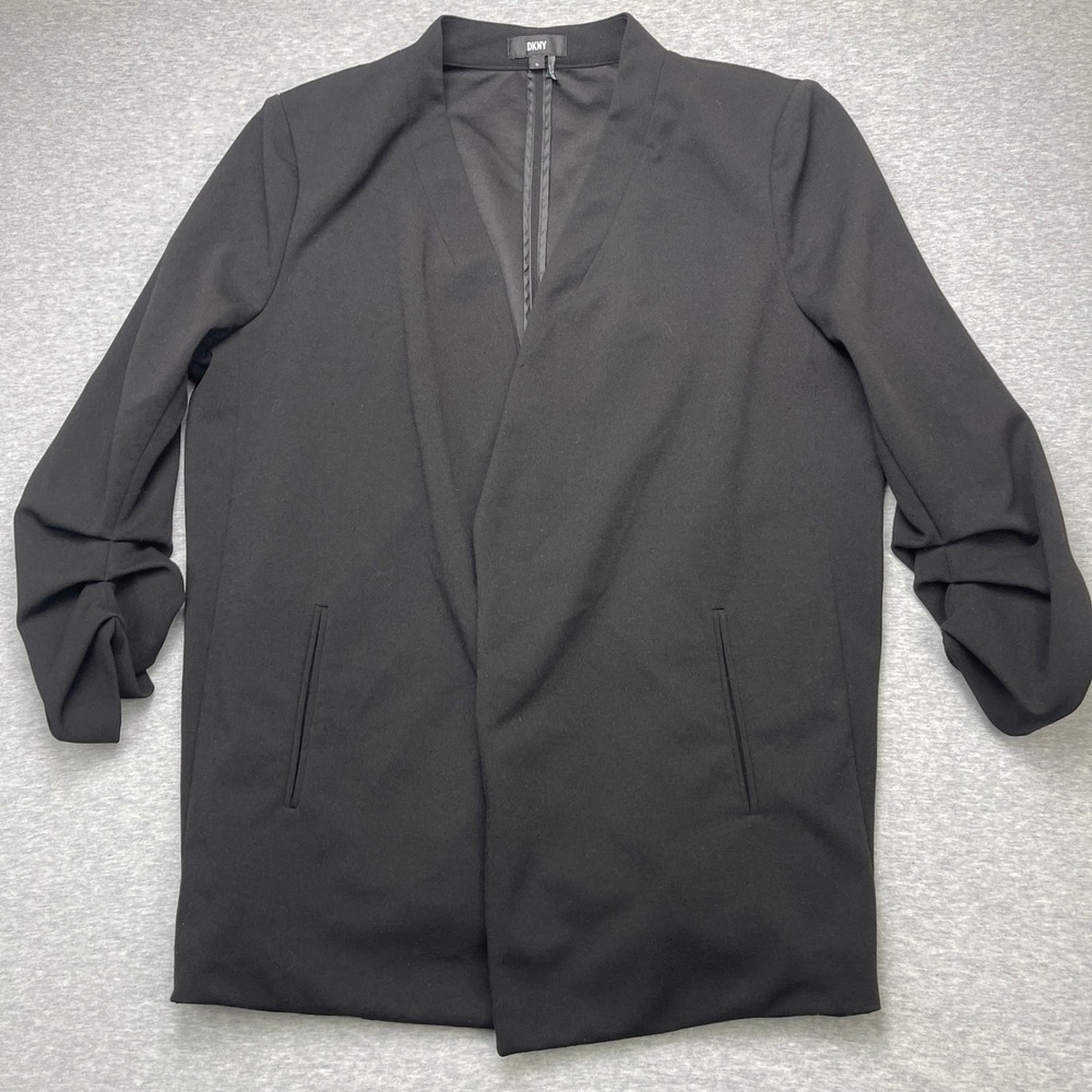 DKNY Womens XL Ruched Sleeve Open Front Blazer Jacket Black Stretch Pockets